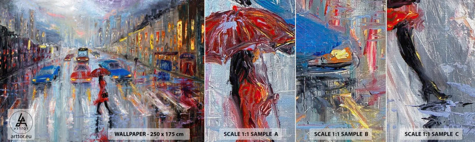 Photo Wallpaper Sample Premium Canvas - Rainy Afternoon in a City - City, Architecture, Walk in the rain - 100x30 cm