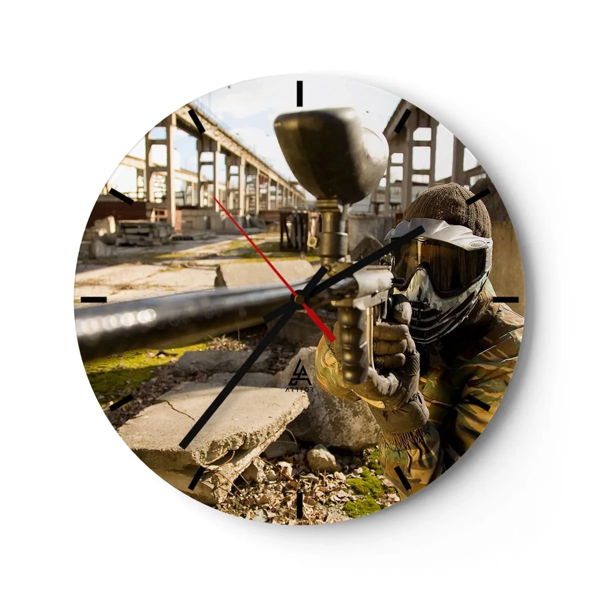 Wall clock - Clock on glass - Paintball in an industrial setting - 30x30cm - You Can Be a Hero Too - Modern wall decoration for the living room, kitchen, and bedroom ARTTOR