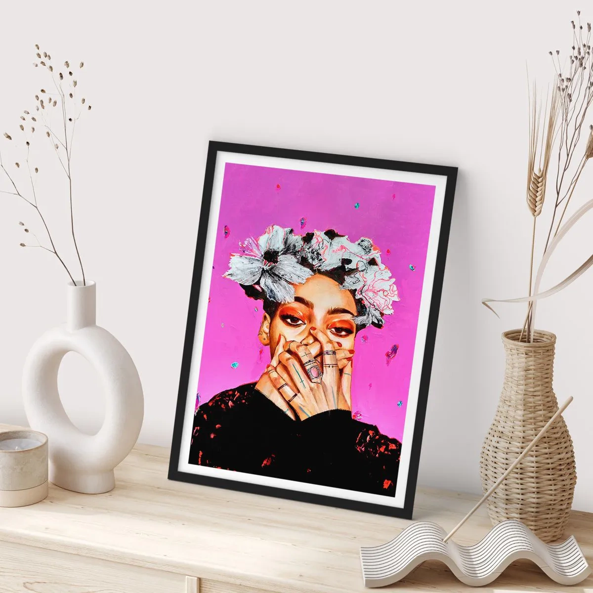 Poster in black frame - An expressive portrait of a woman against an intensely pink background. - 50x70cm - A Bit Crazy - Modern wall decoration for the living room and bedroom ARTTOR