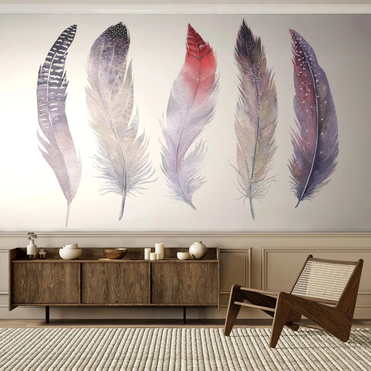 Photo Wallpaper Standard Eco - Delicate Like Pink Fog - Bird feather, Boho, Graphics - 300x210 cm
