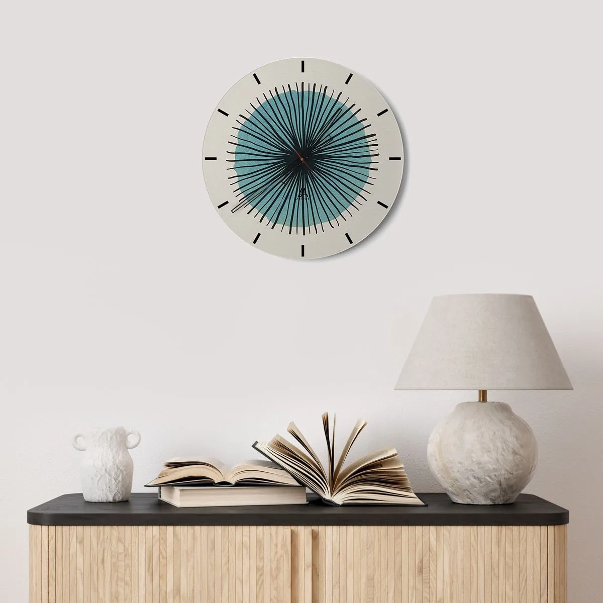 Wall clock - Clock on glass - Abstract motif with a blue circle and black lines - 30x30cm - Rays on Blue - Modern wall decoration for the living room, kitchen, and bedroom ARTTOR