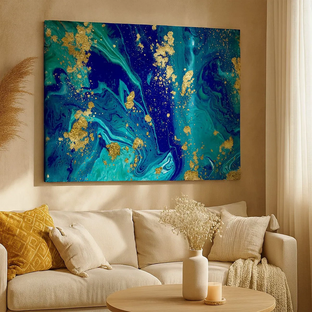 Canvas picture - An abstract composition with blue, green, and gold accents. - 70x50cm - Sun Flakes - Modern wall decoration for the living room and bedroom ARTTOR