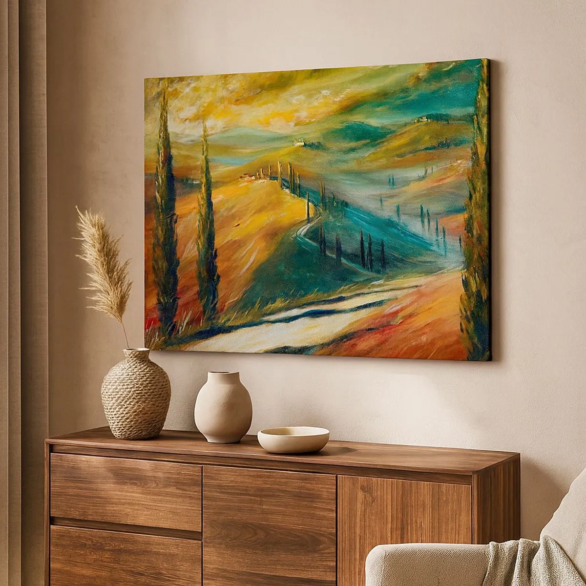 Canvas picture - Tuscan landscape with fields, road and cypresses - 70x50cm - Tuscan Landscape - Modern wall decoration for the living room and bedroom ARTTOR