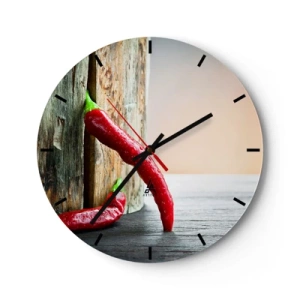 Wall clock - Clock on glass - Red chili peppers on a wooden background - 30x30cm - Red Hot Chilli Peppers - Modern wall decoration for the living room, kitchen, and bedroom ARTTOR
