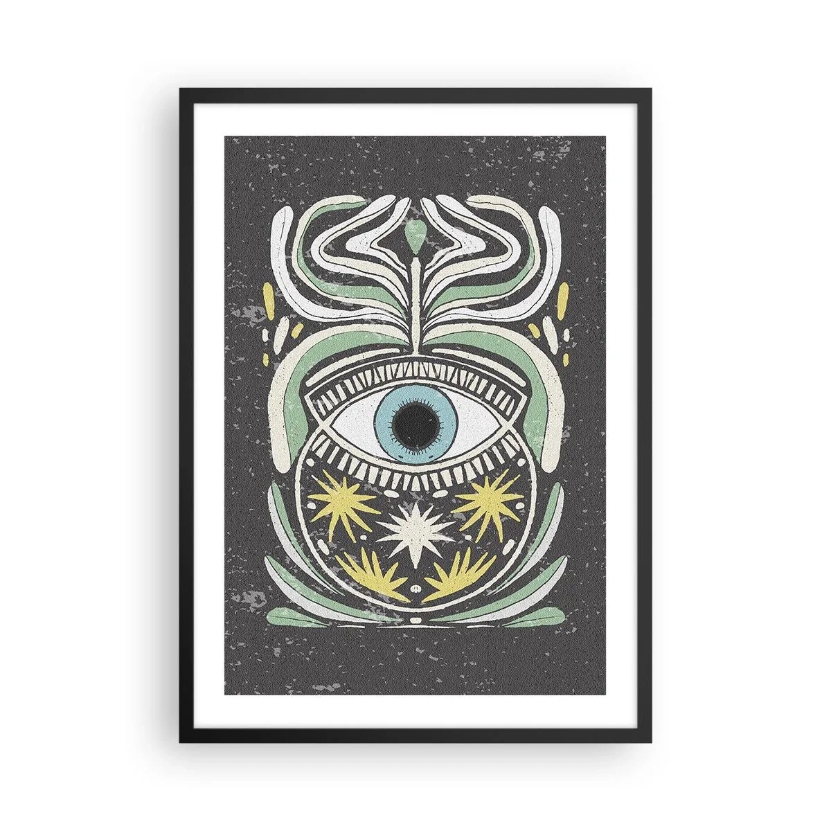 Poster in black frame - A symbolic eye surrounded by plant patterns on a dark background. - 50x70cm - Tribal Rituals - Modern wall decoration for the living room and bedroom ARTTOR