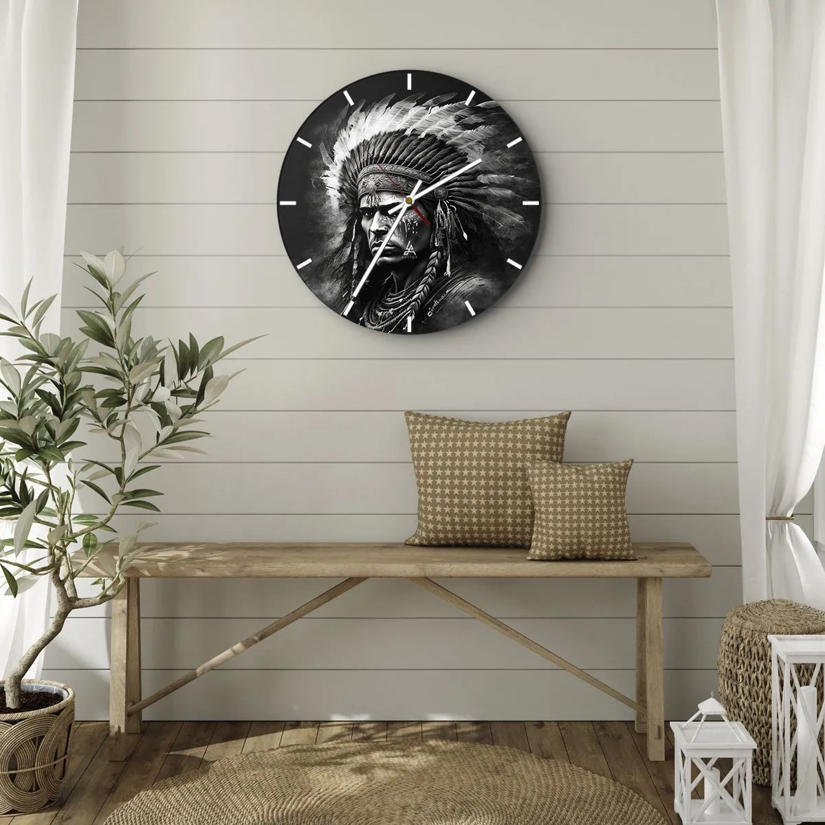 Wall clock - Clock on glass - Portrait of a chief with a feathered headdress in a monochrome style - 30x30cm - Chief and Warrior - Modern wall decoration for the living room, kitchen, and bedroom ARTTOR