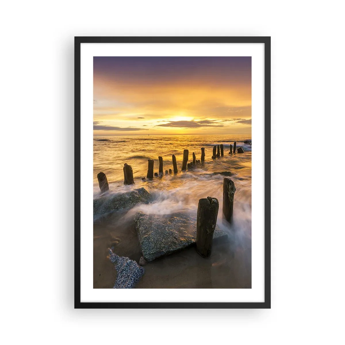 Poster in black frame - Sunset over the sea with wooden poles on the beach - 50x70cm - Raw Beauty of the Baltic Sea - Modern wall decoration for the living room and bedroom ARTTOR