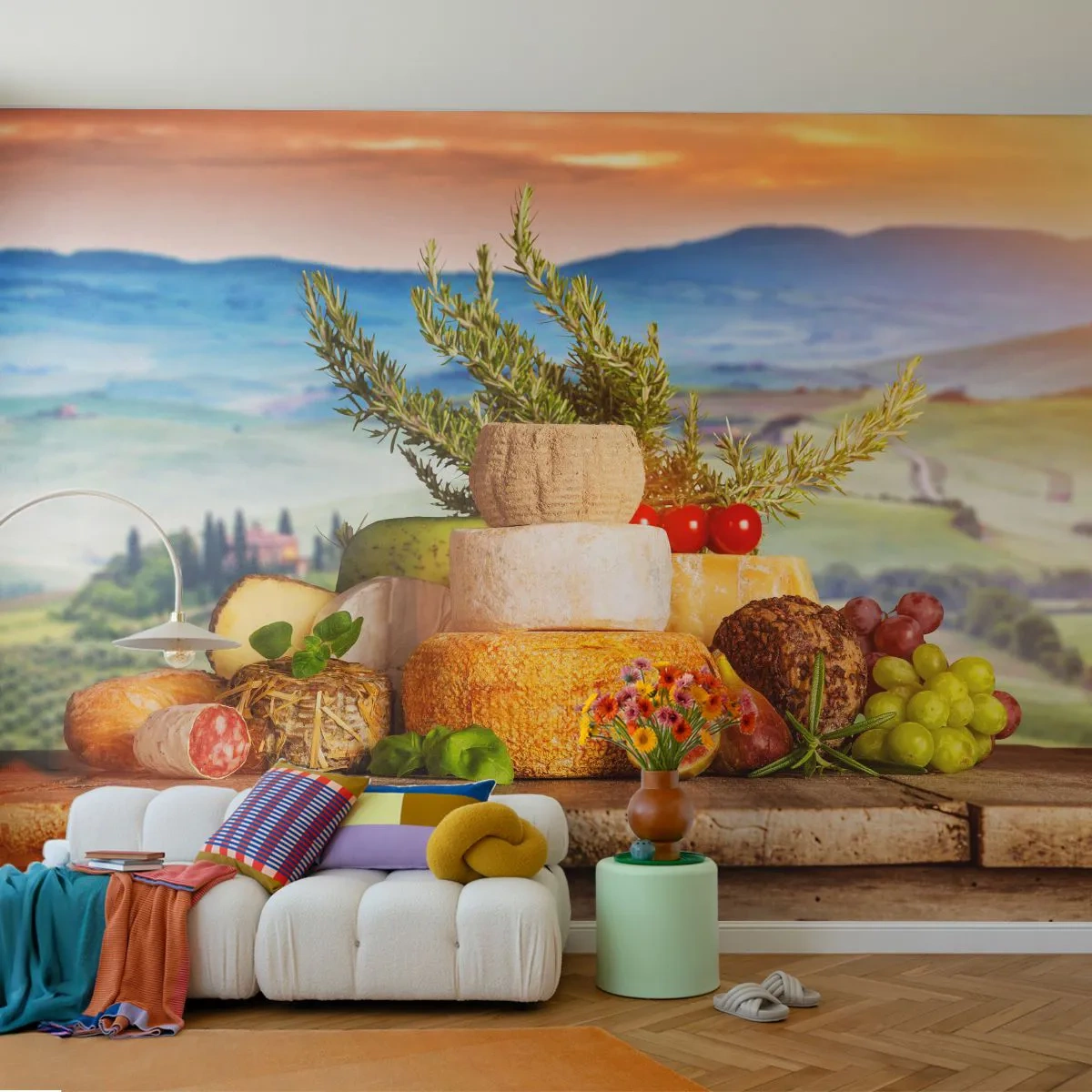 Photo Wallpaper Premium Sand - Italian Joie de Vivre - Tuscany, Landscape, Delicious Cheeses - 100x70 cm