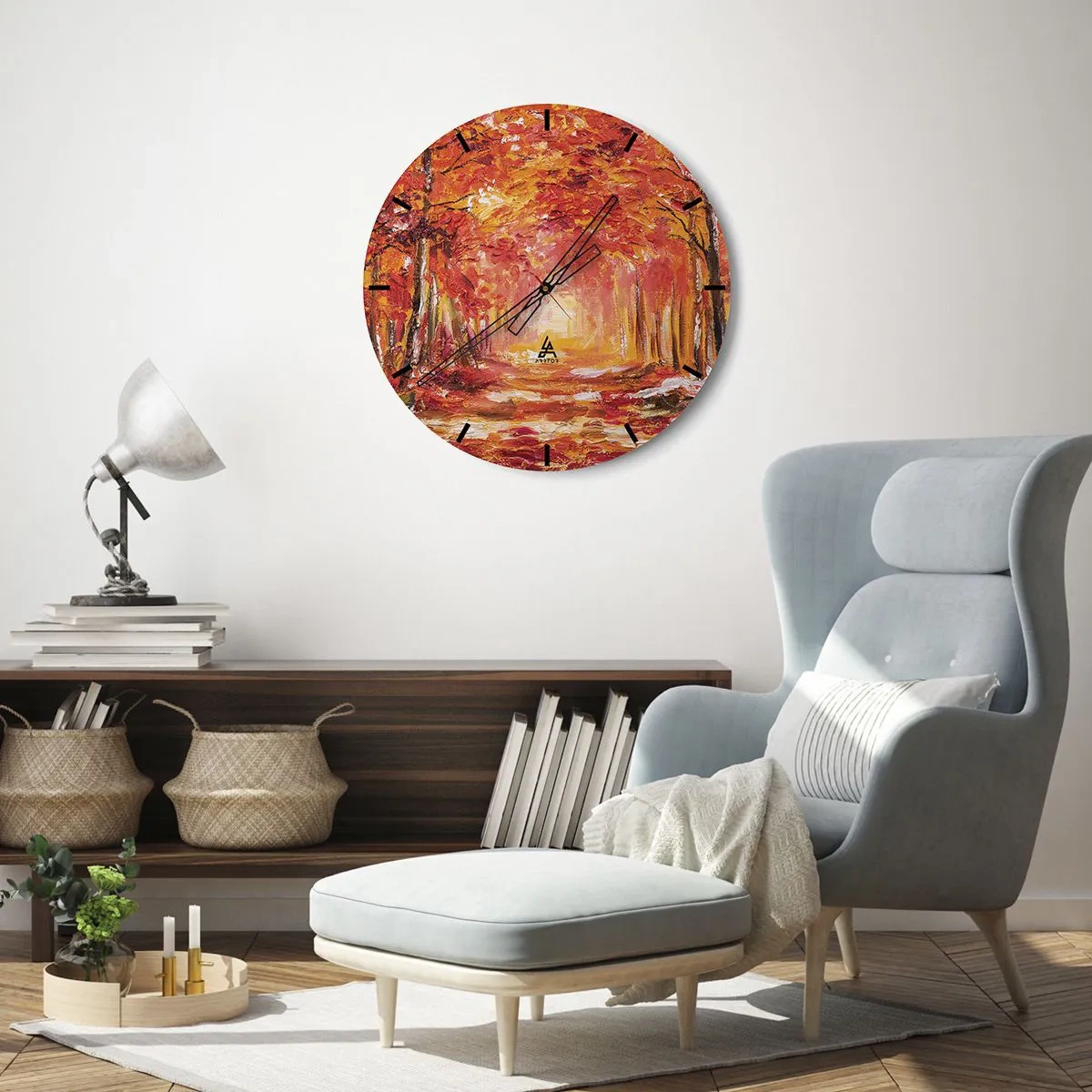 Wall clock - Clock on glass - Autumn forest in warm shades of red and orange - 30x30cm - Copper Forest - Modern wall decoration for the living room, kitchen, and bedroom ARTTOR