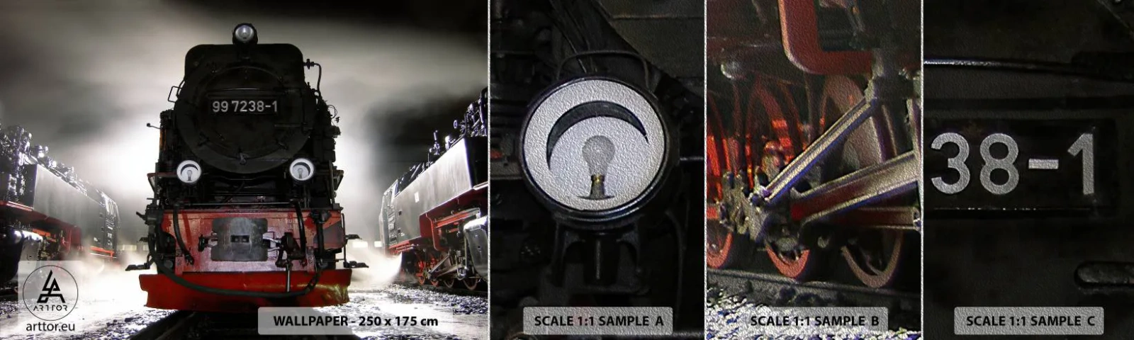 Photo Wallpaper Sample Premium Sand - Standing and Wheezing, Panting and Blowing - Steam locomotive, Railway station, Automotive - 100x30 cm