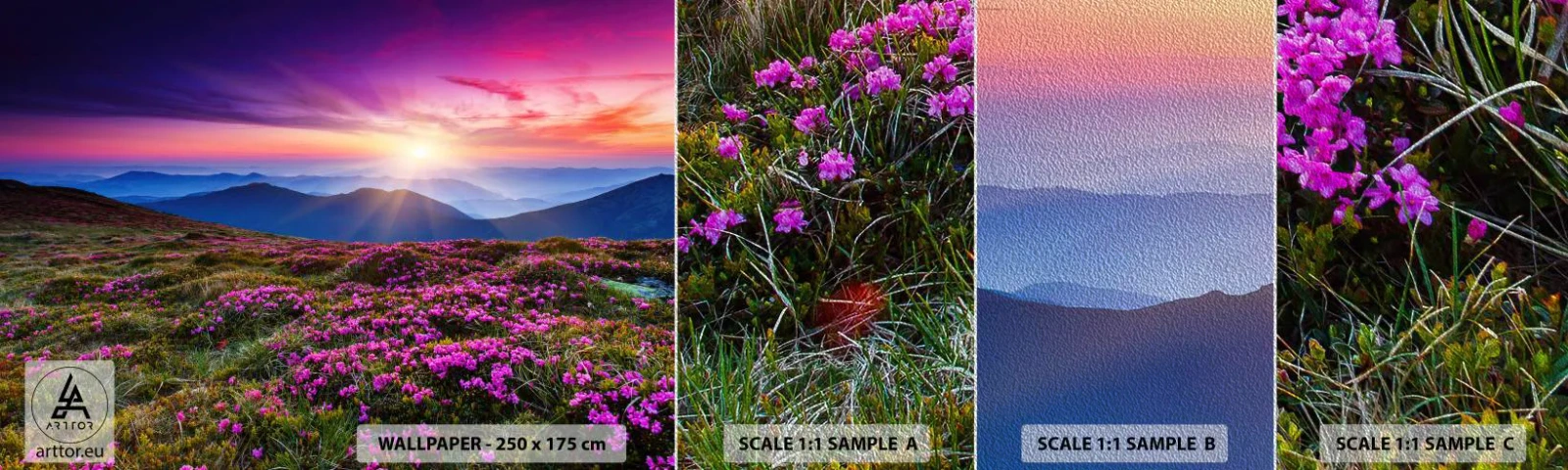 Photo Wallpaper Sample Premium Sand - Smells Strongly of Herbs - Landscape, Mountains, Flowers - 100x30 cm