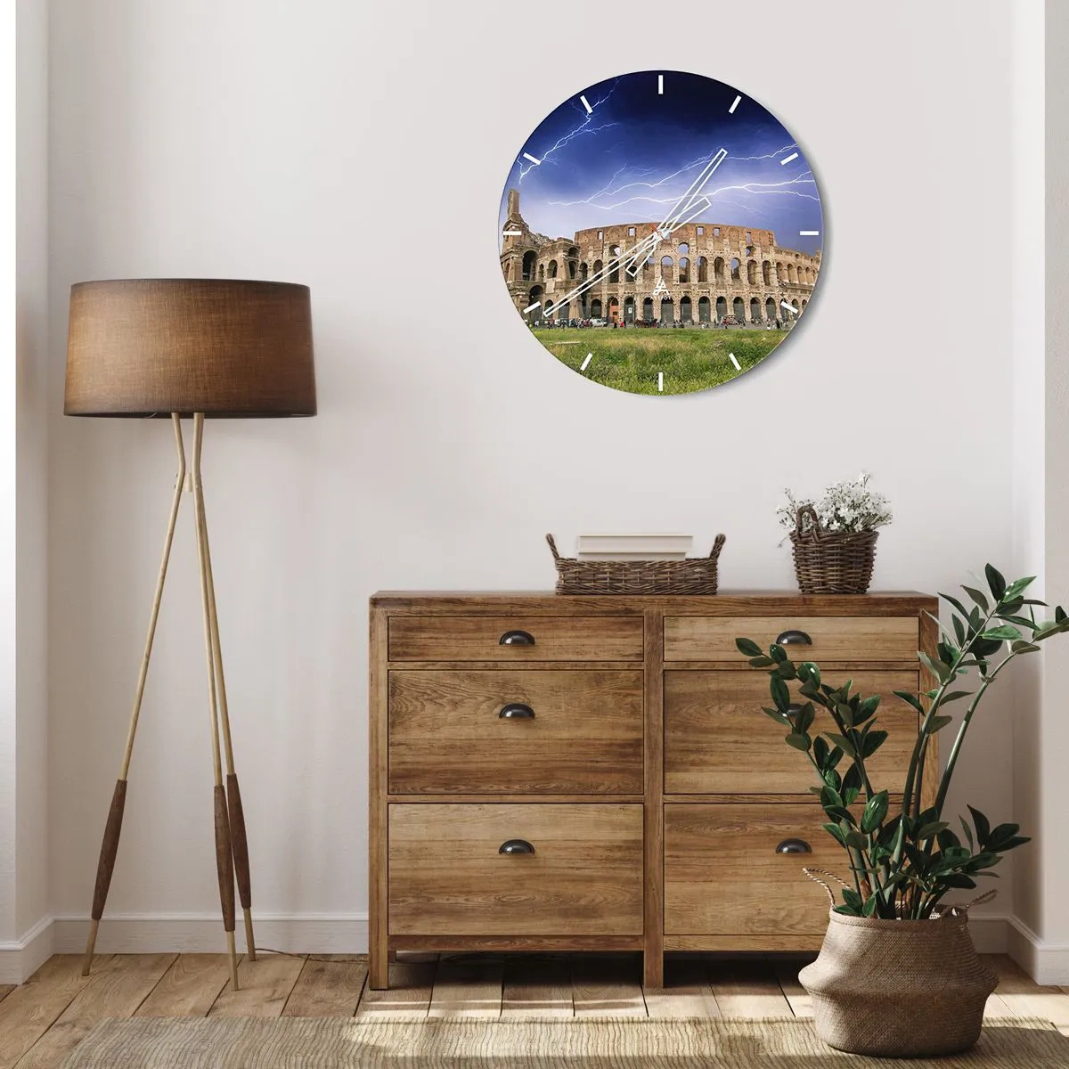 Wall clock - Clock on glass - The Colosseum illuminated by lightning against a dark sky - 30x30cm - Battle Arena - Modern wall decoration for the living room, kitchen, and bedroom ARTTOR