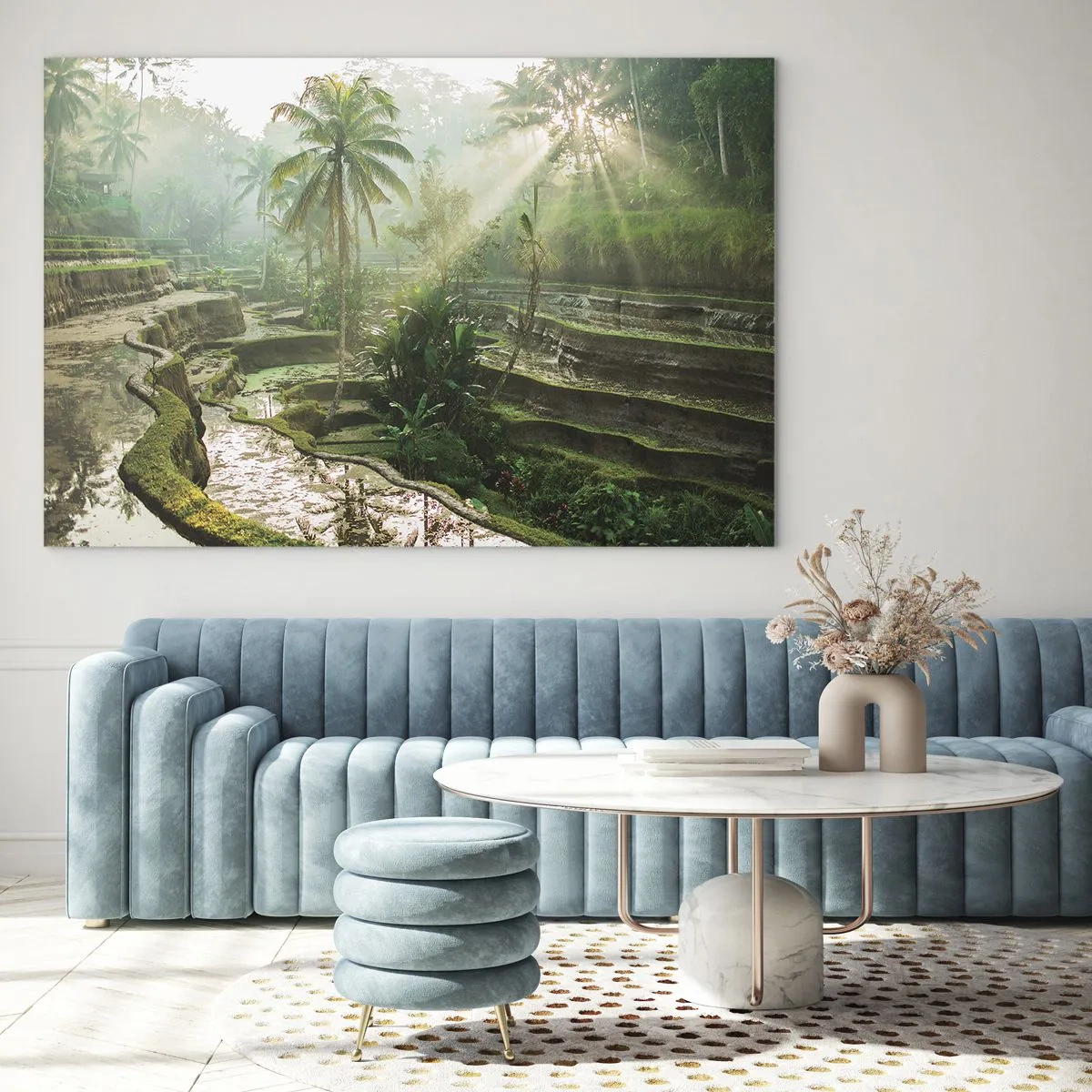 Glass picture - Tropical rice paddies with palm trees in the morning mist - 70x50cm - Maturing in the Sun - Modern wall decoration for the living room and bedroom ARTTOR