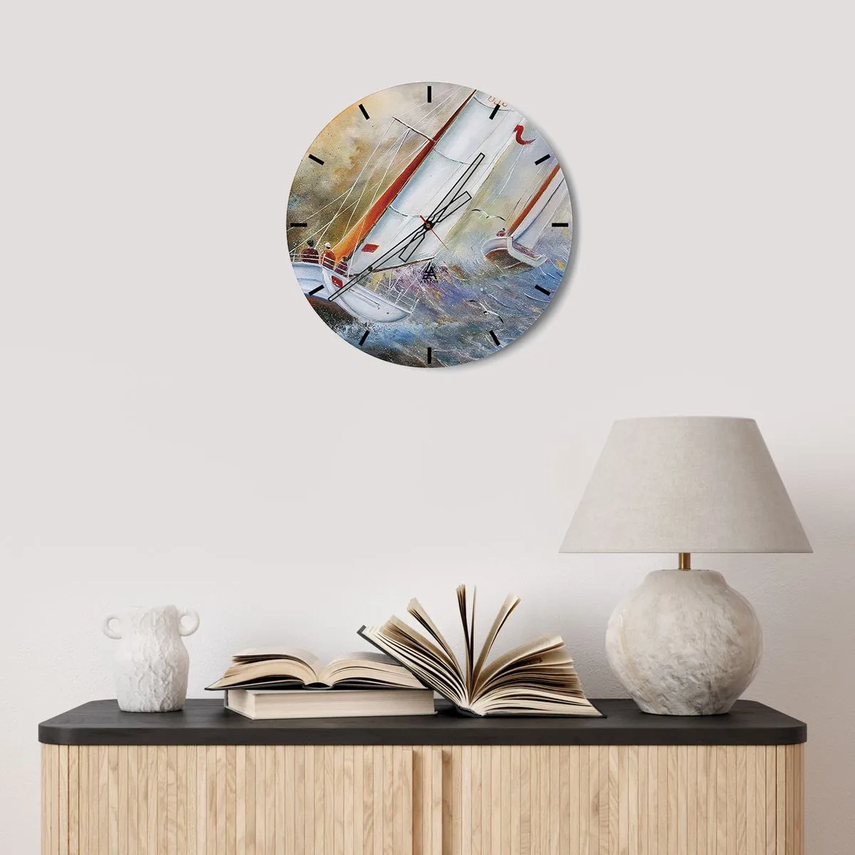 Wall clock - Clock on glass - Sailboats on a stormy sea in an artistic approach - 30x30cm - Running on the Waves - Modern wall decoration for the living room, kitchen, and bedroom ARTTOR