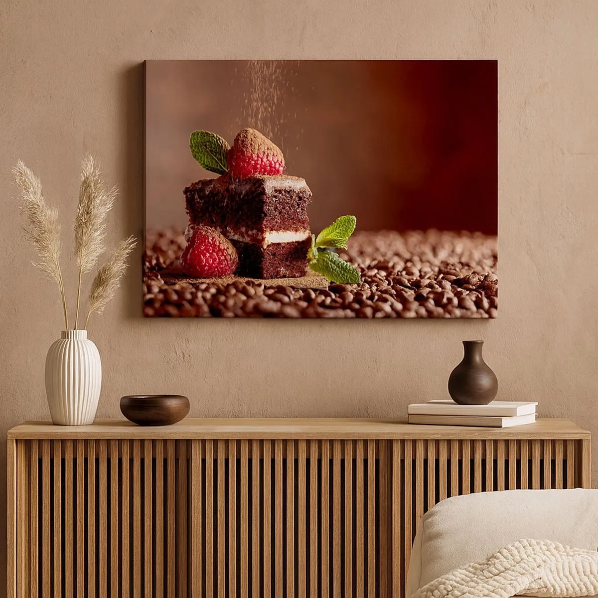Canvas picture - Chocolate cake with raspberries and mint on a background of cocoa beans - 70x50cm - Life Is Sweet - Modern wall decoration for the living room and bedroom ARTTOR