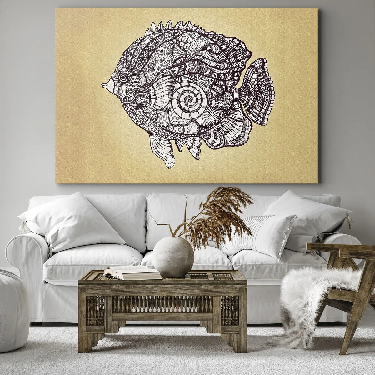 Canvas picture - Decorative fish in a drawing style with patterns - 70x50cm - From the Ocean of Ornaments - Modern wall decoration for the living room and bedroom ARTTOR