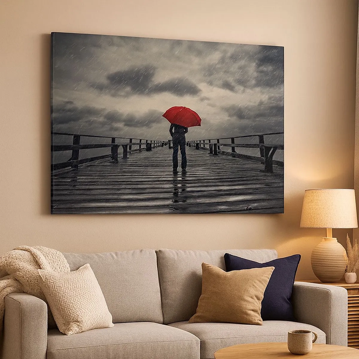 Canvas picture - A person with a red umbrella on a rainy pier - 70x50cm - Don't Mind the Rain - Modern wall decoration for the living room and bedroom ARTTOR
