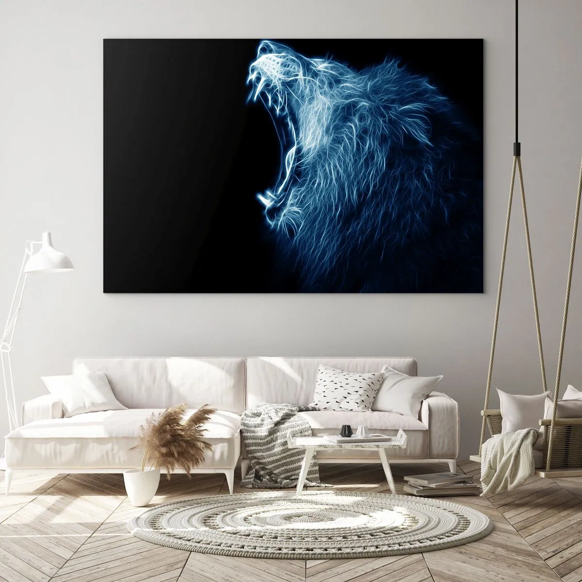 Glass picture - A striking neon representation of a roaring lion on a black background. - 70x50cm - Flaming Rage of a King - Modern wall decoration for the living room and bedroom ARTTOR