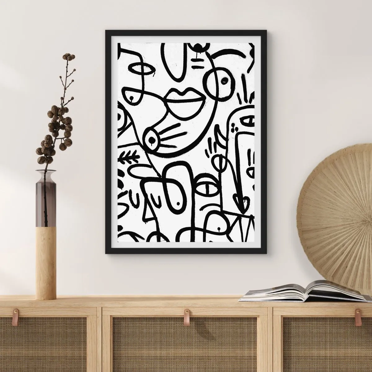Poster in black frame - Abstract black lines on a white background - 50x70cm - Faces and Mirages - Modern wall decoration for the living room and bedroom ARTTOR