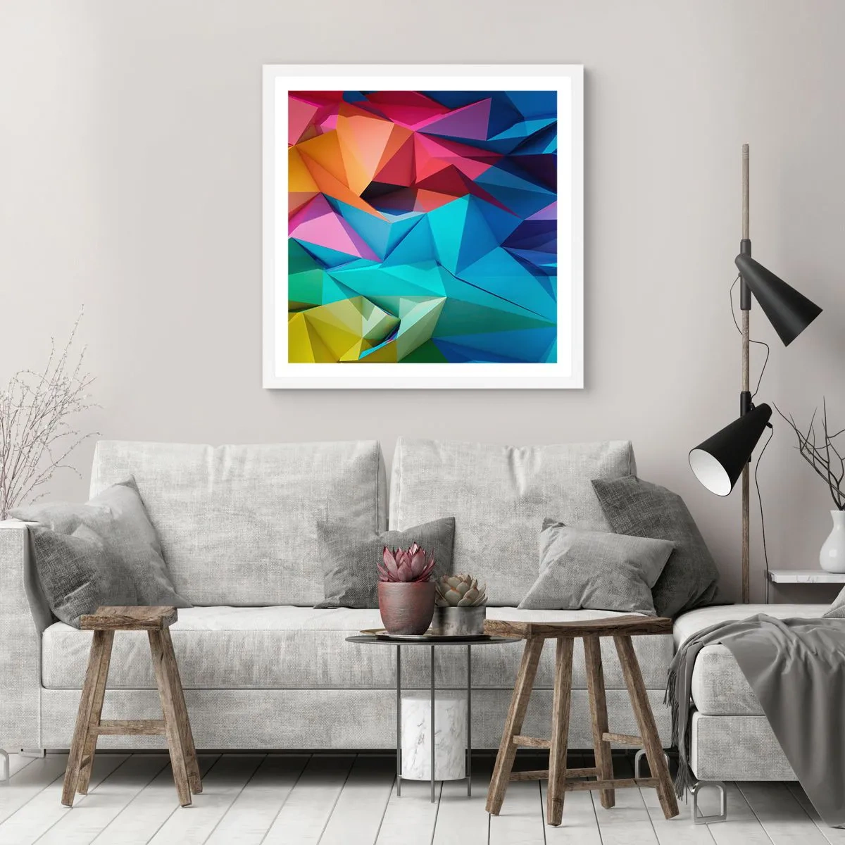Poster in white frmae - Rainbow Origami - 30x30 cm