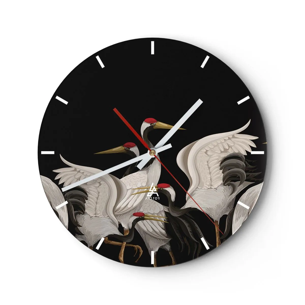 Wall clock - Clock on glass - A group of cranes on a black background in a stylized illustration - 30x30cm - Bird Affairs - Modern wall decoration for the living room, kitchen, and bedroom ARTTOR