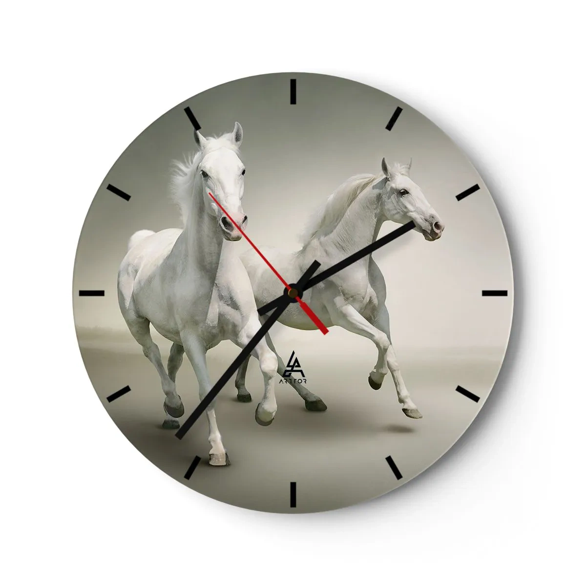 Wall clock - Clock on glass - Two white horses running against a bright background - 30x30cm - White Power! - Modern wall decoration for the living room, kitchen, and bedroom ARTTOR