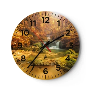 Wall clock - Clock on glass - Forest Cascade in Gold - 30x30 cm