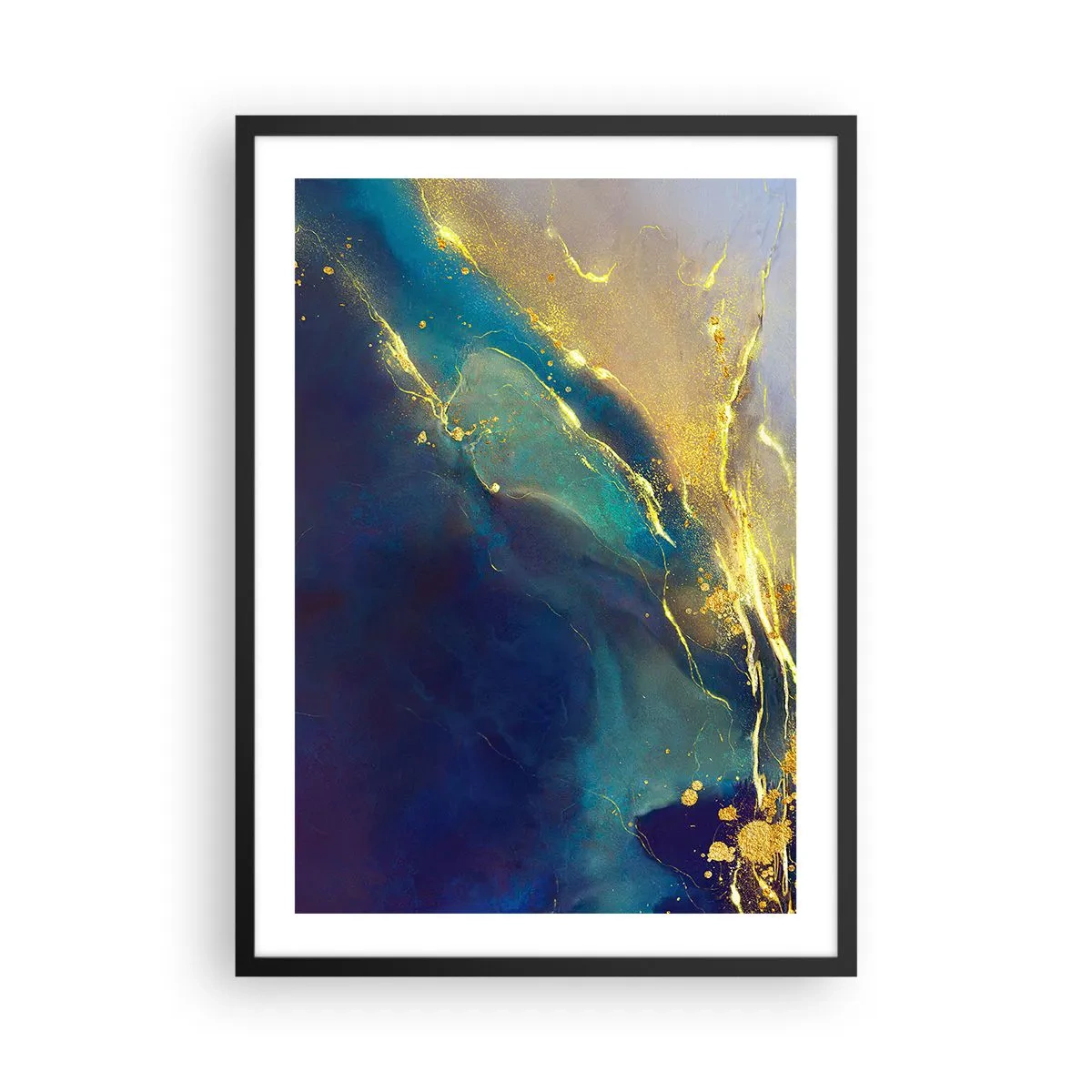 Poster in black frame - An abstract composition in shades of navy blue and gold - 50x70cm - Golden Flood - Modern wall decoration for the living room and bedroom ARTTOR