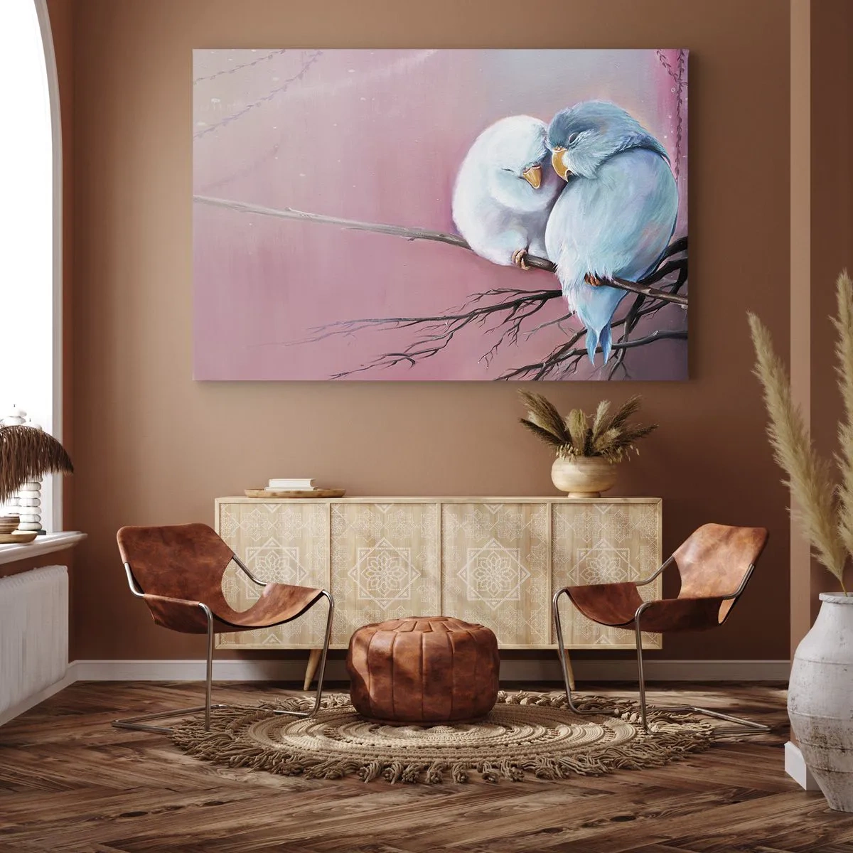 Canvas picture - Two birds in love on a branch on a pink background - 70x50cm - What Can We Add? - Modern wall decoration for the living room and bedroom ARTTOR