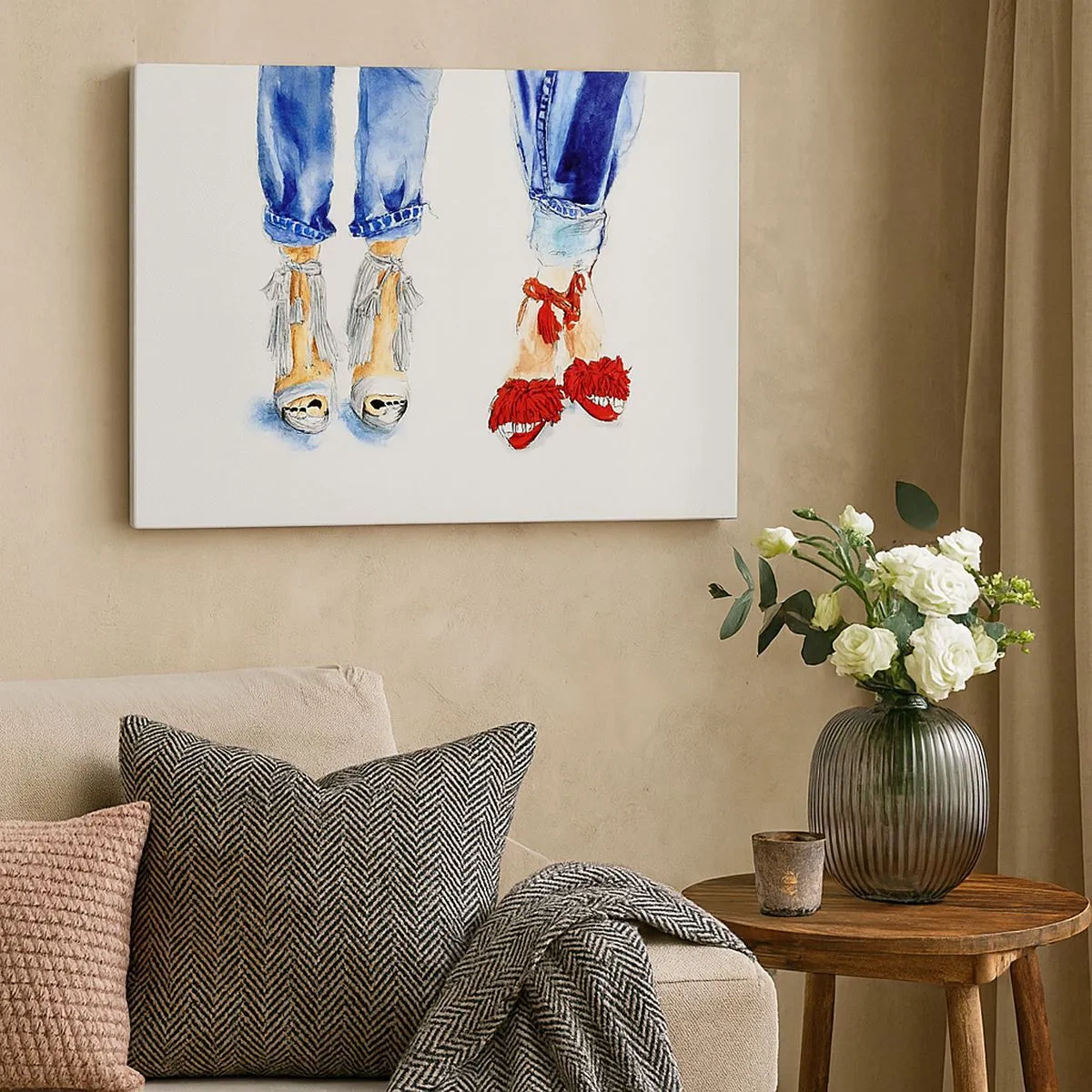 Canvas picture - Illustration of two pairs of shoes in stylish sandals and jeans - 70x50cm - Shall We Go for a Walk? - Modern wall decoration for the living room and bedroom ARTTOR