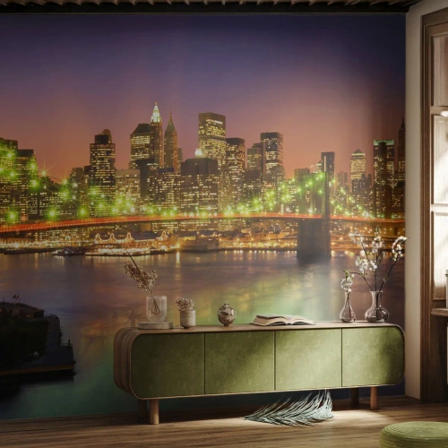 Photo Wallpaper Premium Sand - Here Light is Always on - City, New York, Brooklyn Bridge - 100x70 cm