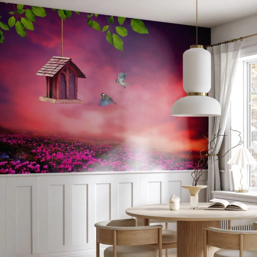 Custom Wallpaper Premium Canvas - Invitation to Dinner - Landscape, Flowers, Birdhouse
