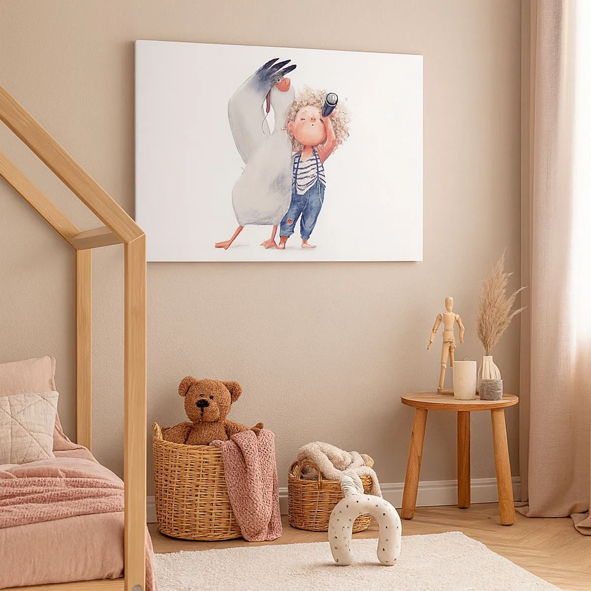Canvas picture - Illustration of a child with a pelican and a telescope in his hand - 70x50cm - Plan of a Great Journey - Modern wall decoration for the living room and bedroom ARTTOR