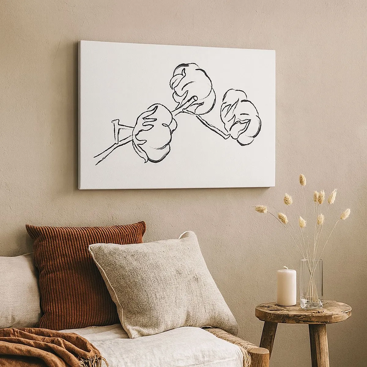 Canvas picture - A delicate outline of a cotton branch on a white background - 70x50cm - Cotton Fluff - Modern wall decoration for the living room and bedroom ARTTOR