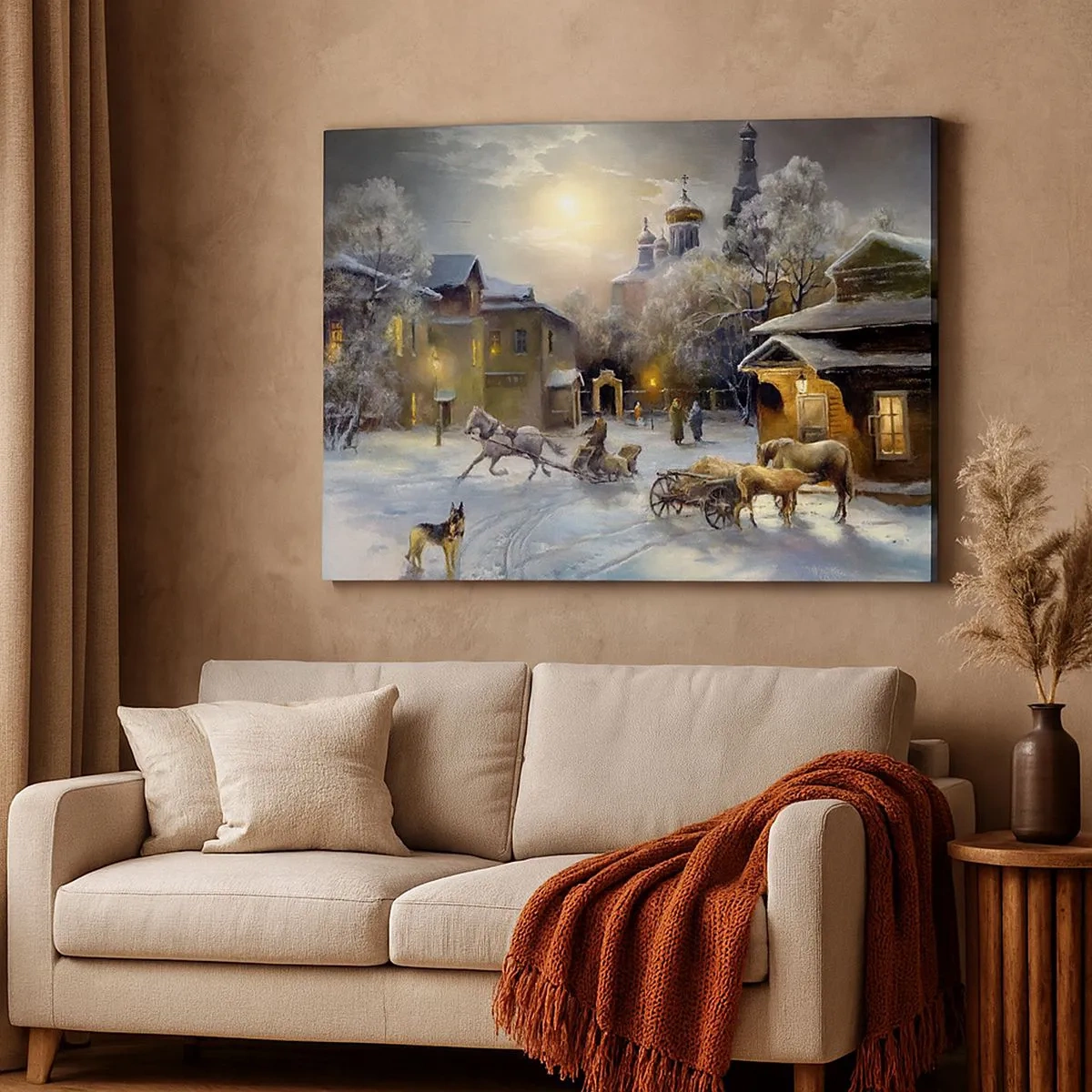 Canvas picture - Winter landscape in a Russian town with a sleigh and a church - 70x50cm - Magic of Russian Winter - Modern wall decoration for the living room and bedroom ARTTOR