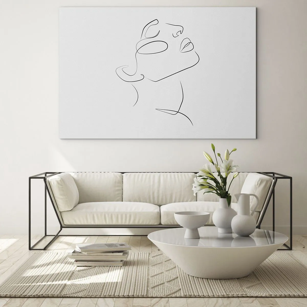 Glass picture - Contour sketch of a woman's face turned upwards - 70x50cm - Meanders of a Dream - Modern wall decoration for the living room and bedroom ARTTOR