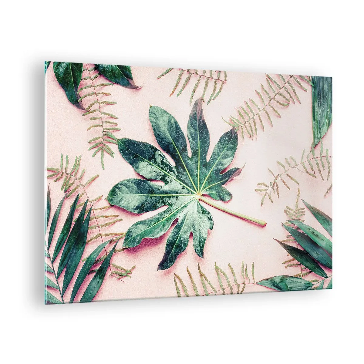 Glass picture - Tropical leaves on a pastel background - 70x50cm - Study in Green on Pink Background - Modern wall decoration for the living room and bedroom ARTTOR