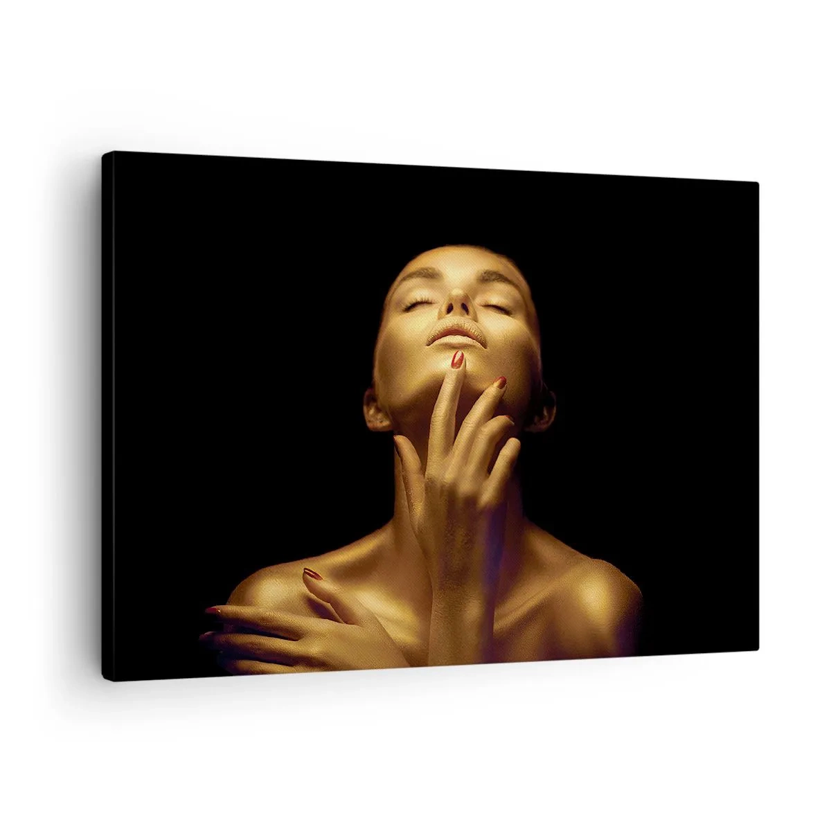Canvas picture - Portrait of a woman in a golden glow on a black background - 70x50cm - Like Golden Silk - Modern wall decoration for the living room and bedroom ARTTOR