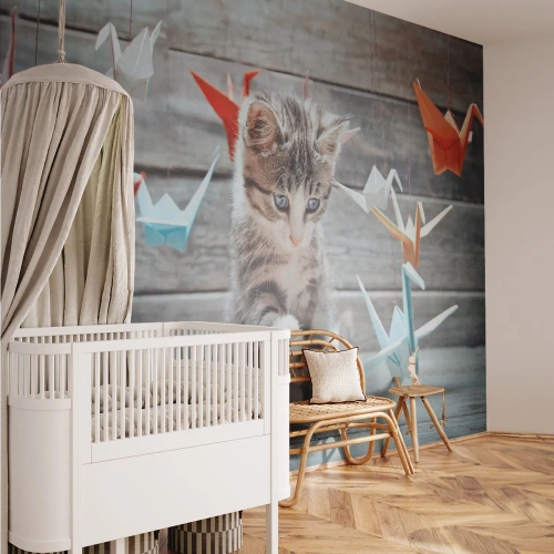 Photo Wallpaper Standard Eco - First Lesson - Animals, Cat, Origami - 200x140 cm