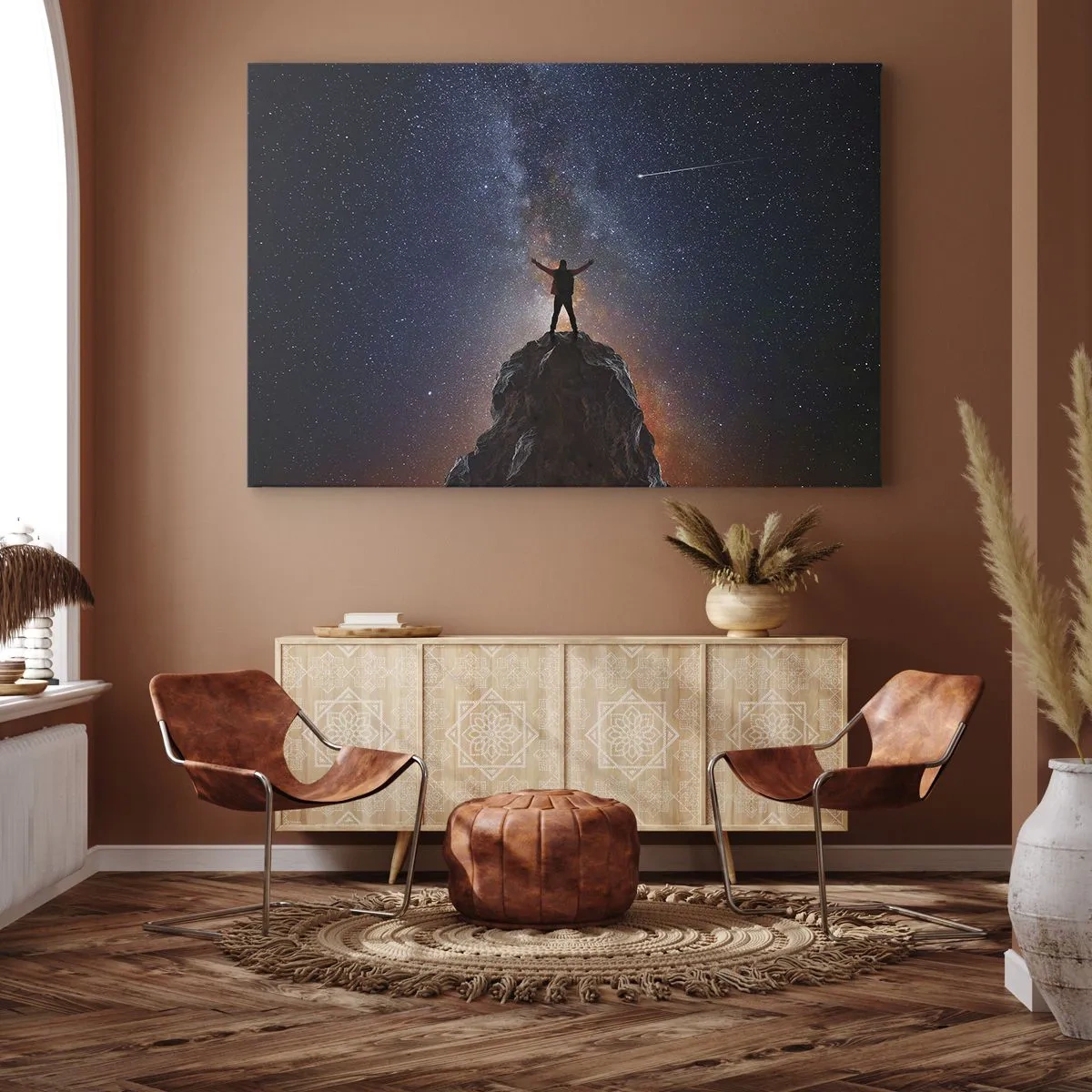 Canvas picture - A figure on a mountaintop under a starry sky - 70x50cm - Power Is with Me! - Modern wall decoration for the living room and bedroom ARTTOR