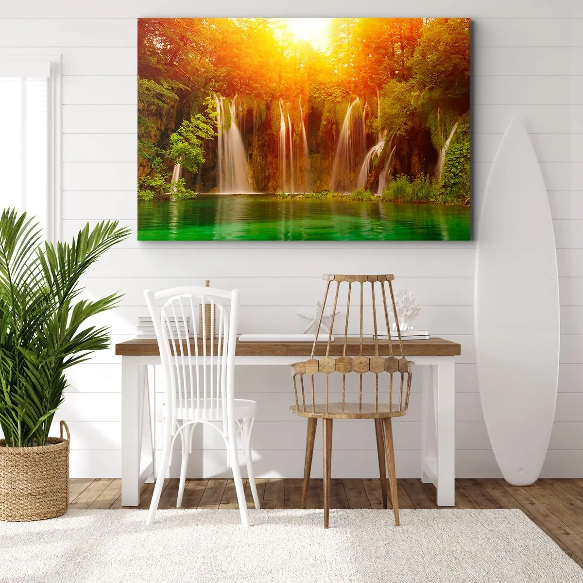 Canvas picture - Waterfalls surrounded by greenery in the glow of the setting sun - 70x50cm - In the Sun and in the Shade - Modern wall decoration for the living room and bedroom ARTTOR
