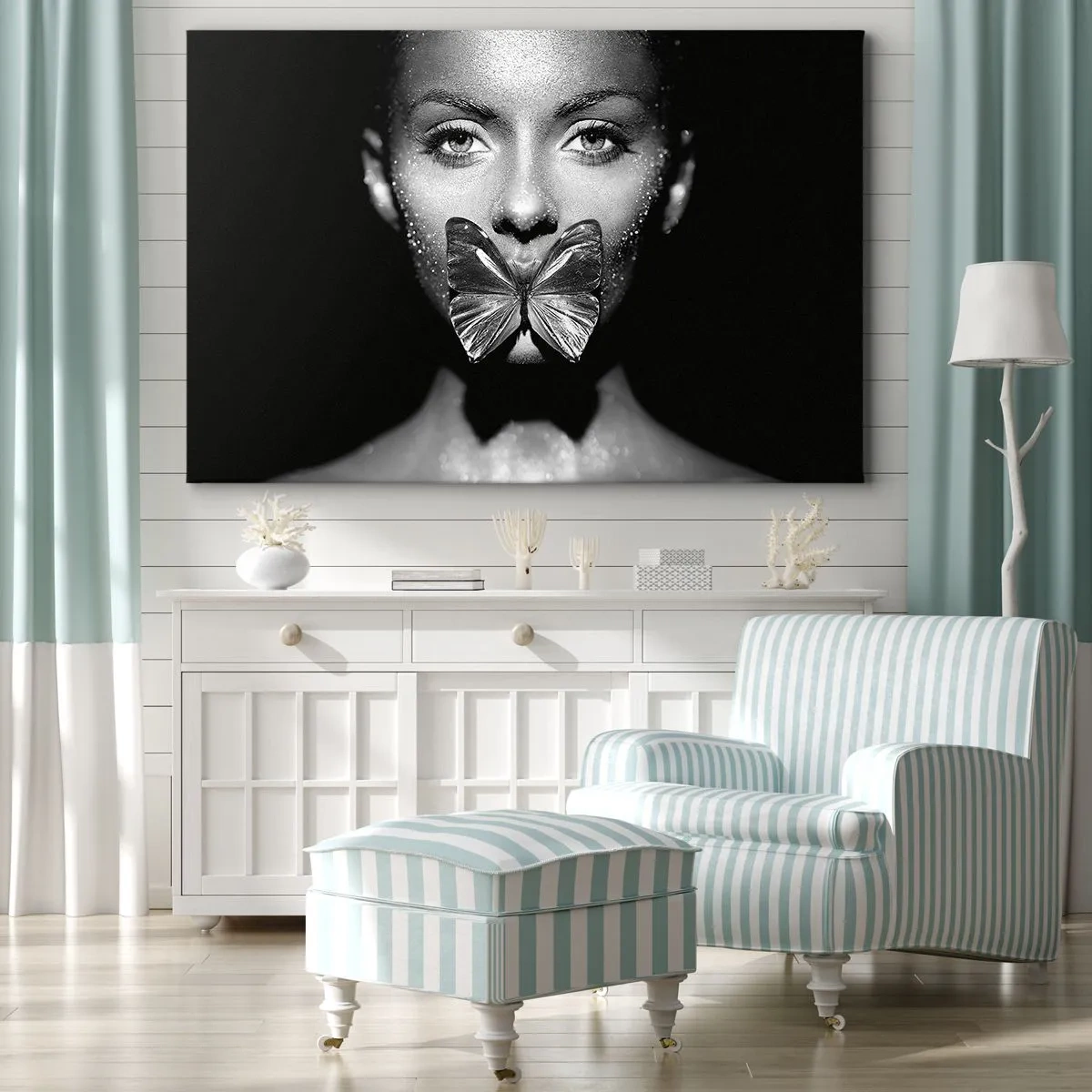 Canvas picture - Black and white woman's face with a butterfly on her lips - 70x50cm - Butterfly Kiss - Modern wall decoration for the living room and bedroom ARTTOR