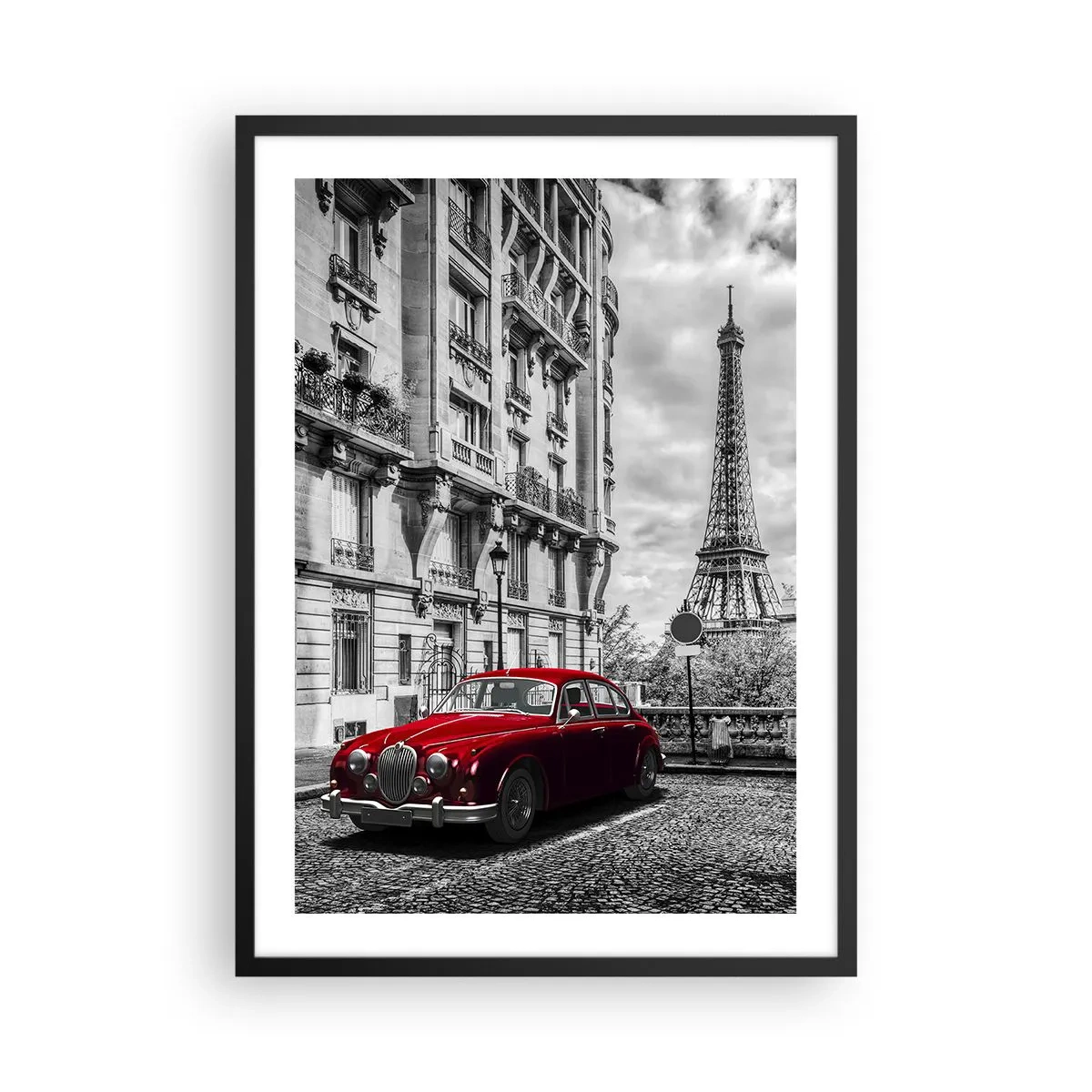 Poster in black frame - A red car with the Eiffel Tower in the background - 50x70cm - Predator in the City - Modern wall decoration for the living room and bedroom ARTTOR