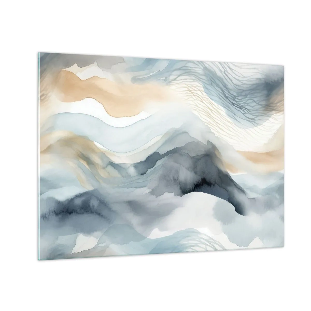 Glass picture - Abstract waves in shades of beige and blue - 70x50cm - Snowy and Foggy Abstract - Modern wall decoration for the living room and bedroom ARTTOR