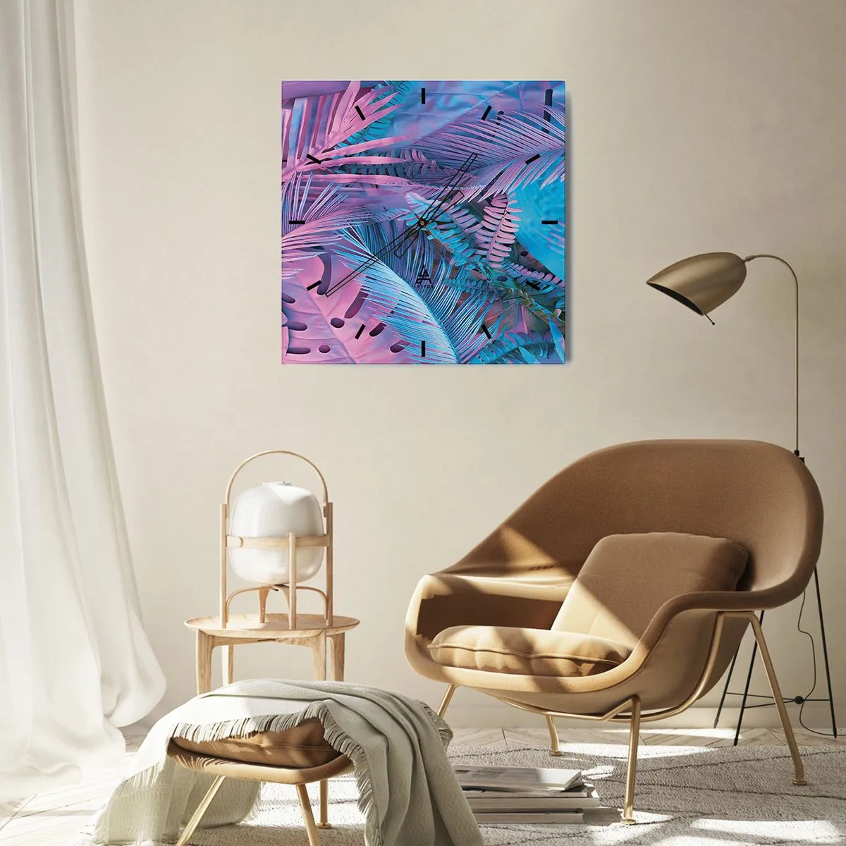 Wall clock - Clock on glass - Tropics in Pink and Blue - 30x30 cm