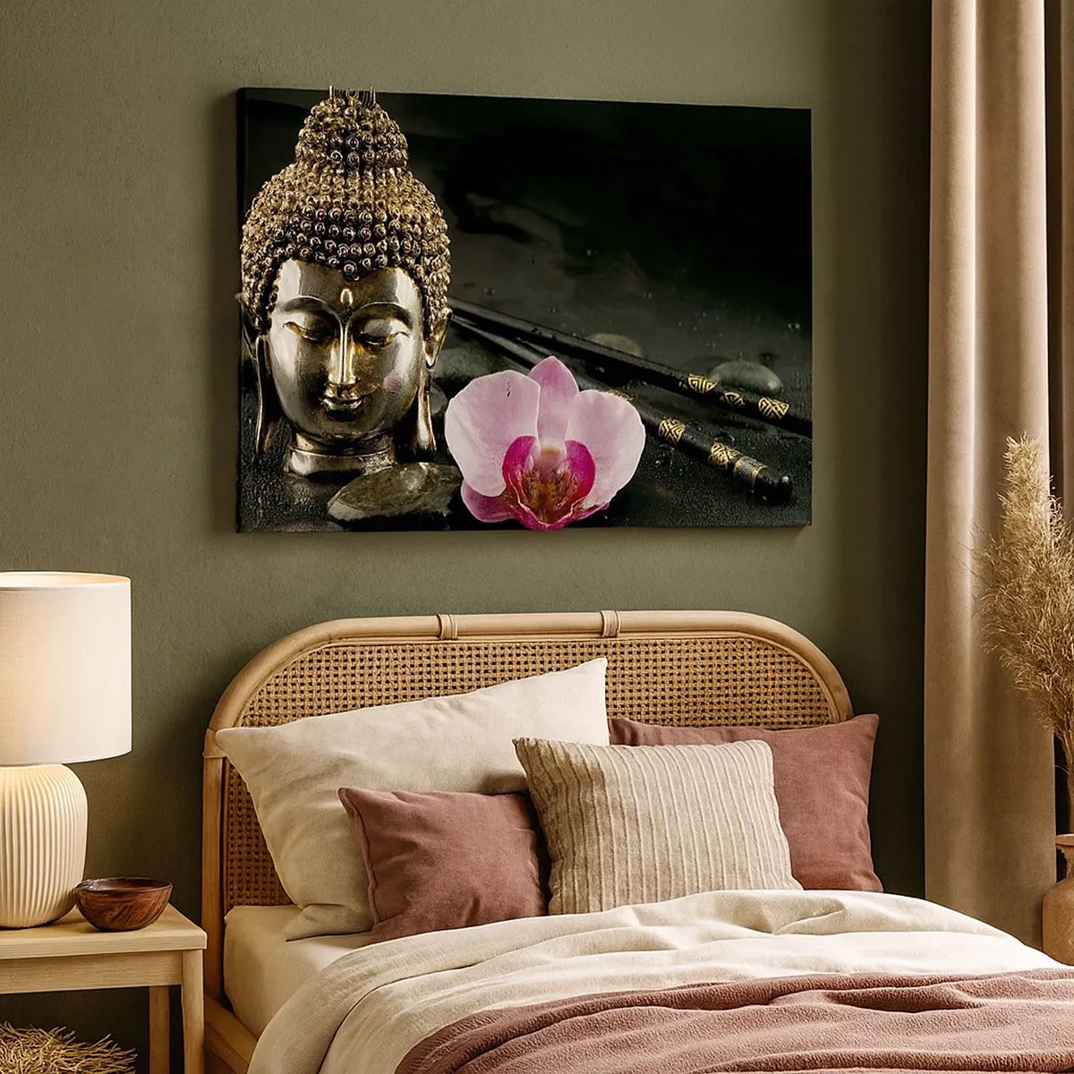 Canvas picture - A Buddha statuette with an orchid and chopsticks against a background of stones - 70x50cm - Harmony of Wisdom and Beauty - Modern wall decoration for the living room and bedroom ARTTOR