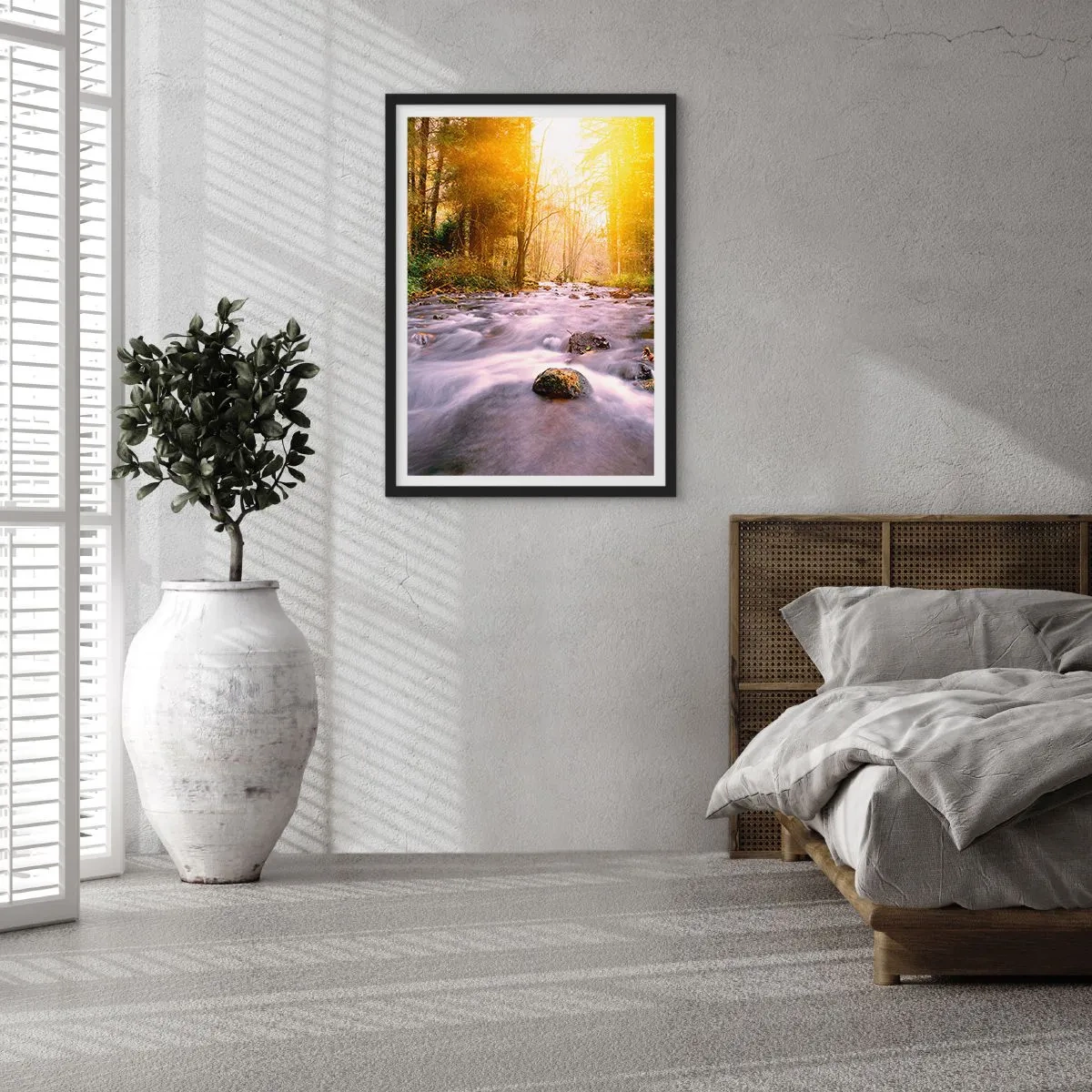 Poster in black frame - A stream in the forest in the sunlight - 50x70cm - Malachite in Silver and Gold Setting - Modern wall decoration for the living room and bedroom ARTTOR