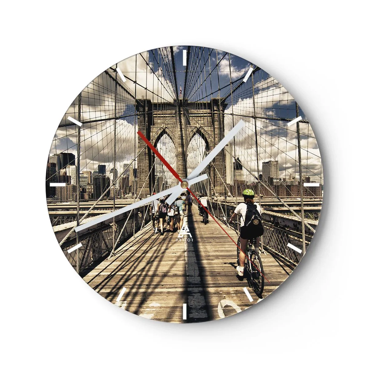 Wall clock - Clock on glass - Brooklyn Bridge with people and a cyclist against the city backdrop - 30x30cm - Straight to the Heart of the City - Modern wall decoration for the living room, kitchen, and bedroom ARTTOR