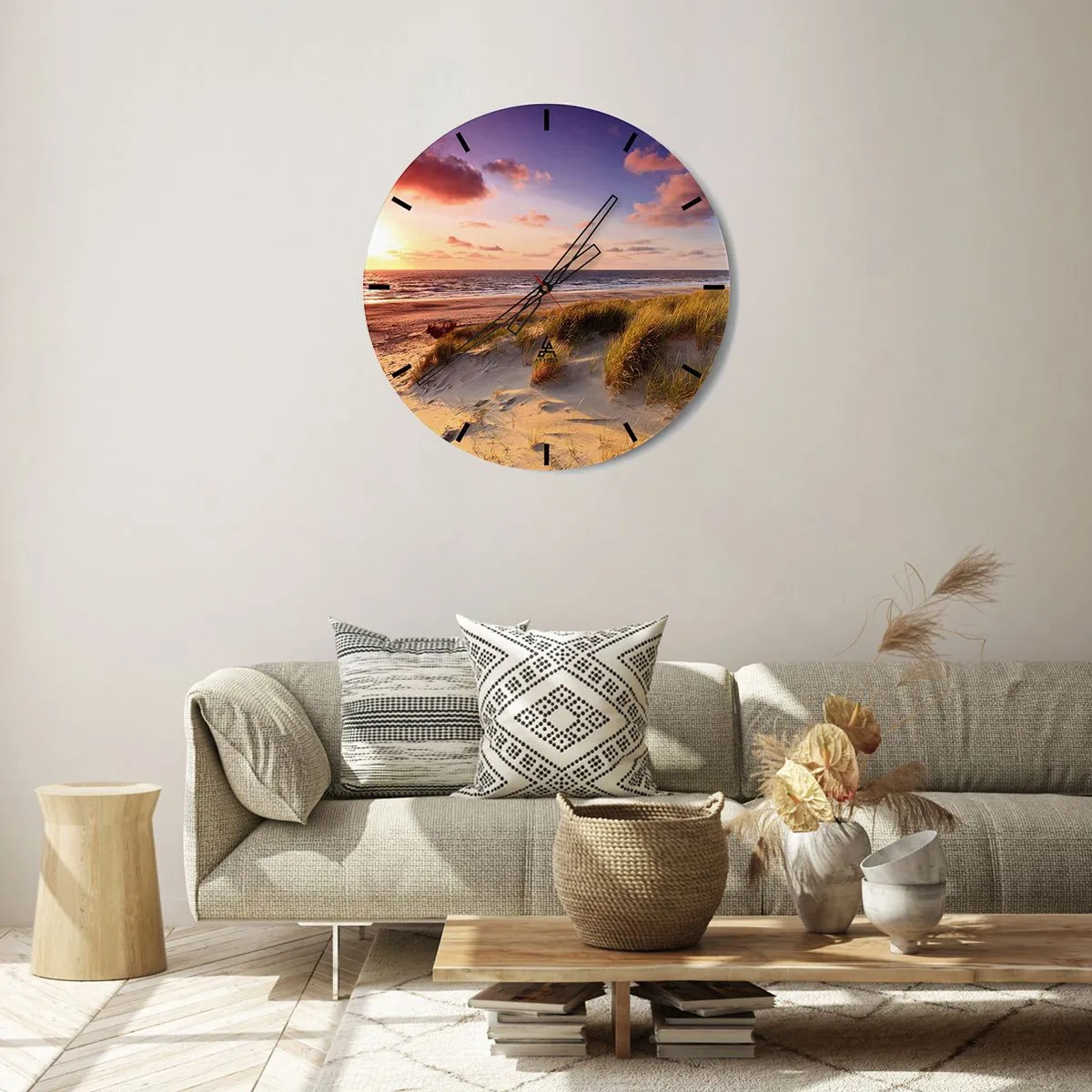 Wall clock - Clock on glass - A beach with dunes and a golden sunset over a calm sea - 30x30cm - Air Smells of Summer - Modern wall decoration for the living room, kitchen, and bedroom ARTTOR