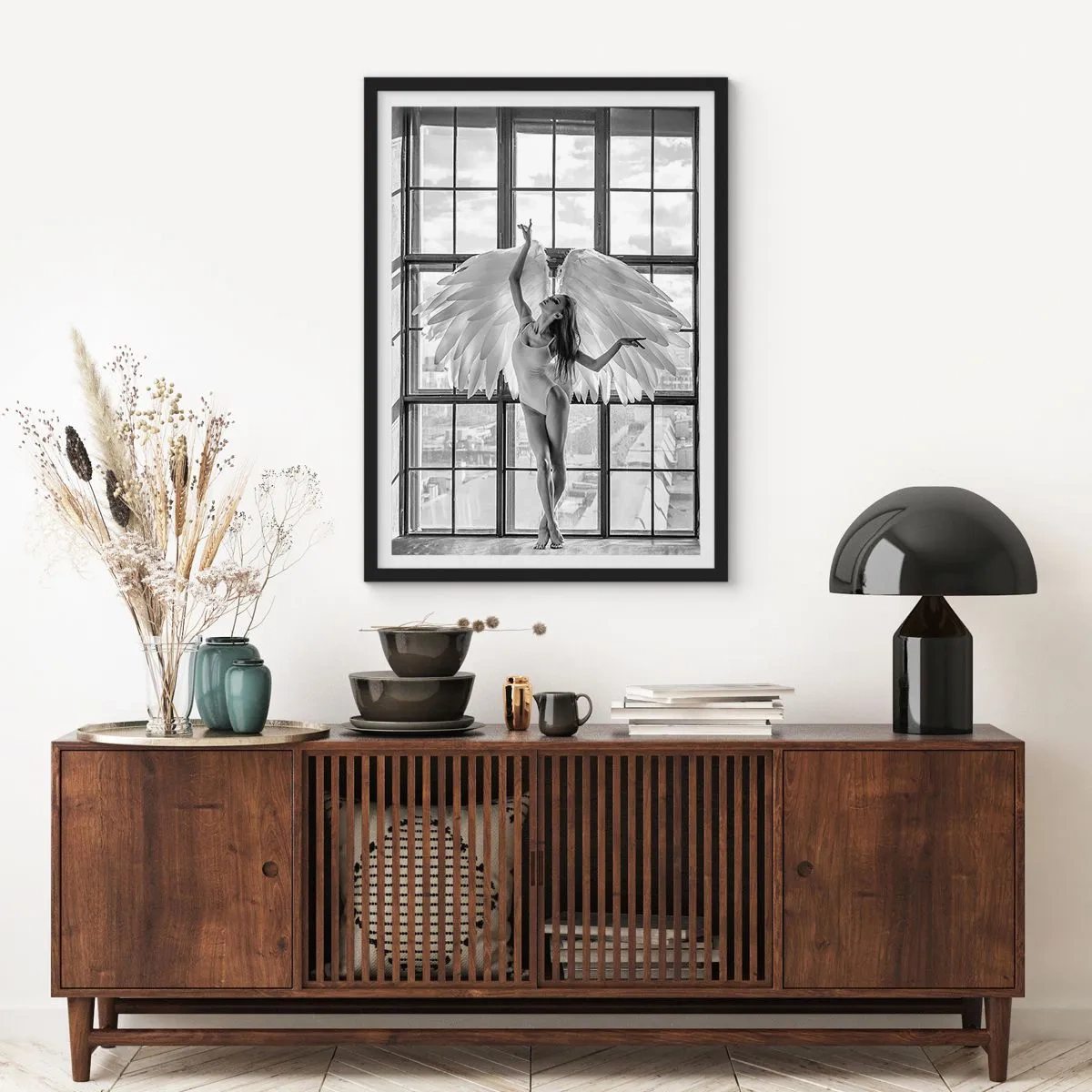 Poster in black frame - A figure with angel wings against the background of a window - 50x70cm - City of Angels? - Modern wall decoration for the living room and bedroom ARTTOR